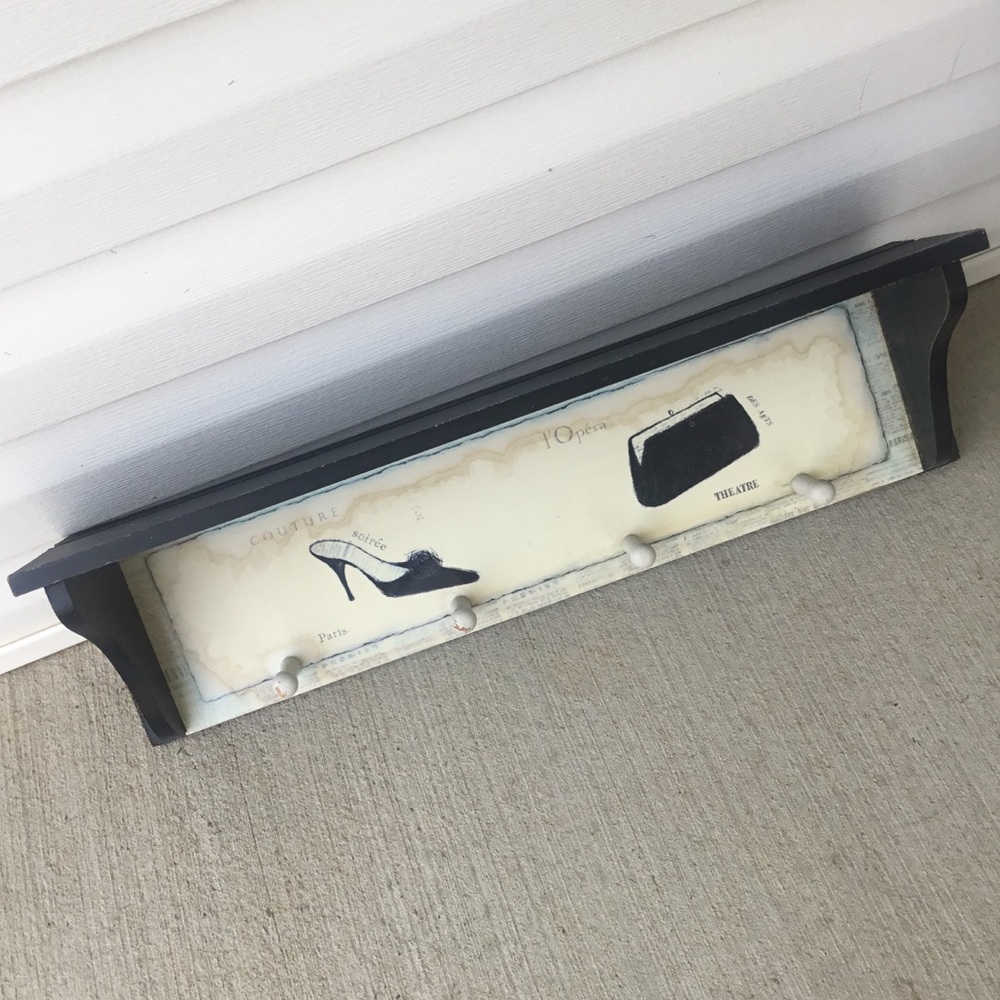 ✨Vintage Y2K Paris Shoe Purse Old Newspaper Black Wood 4 Hooks Wall Shelf